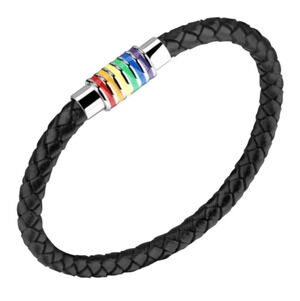 Leather weave bracelet with colorful pride rainbow enamel on silver
